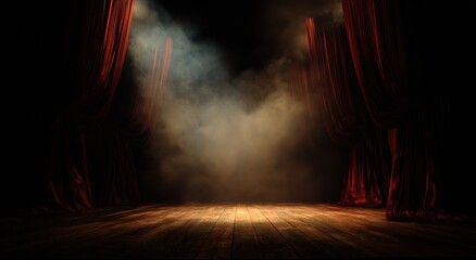 Obraz premium Stage with red curtains and dramatic spotlights creating bright lighting beams through fog perfect for entertainment performance and theater backgrounds with elegant atmosphere