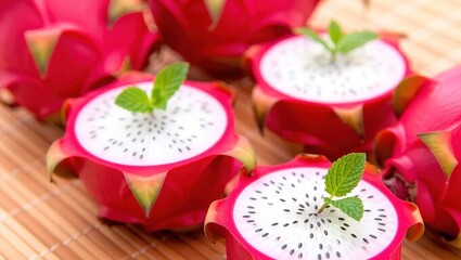 Delicious and Refreshing Dragon Fruit Dessert Bowls with Mint Garnish.