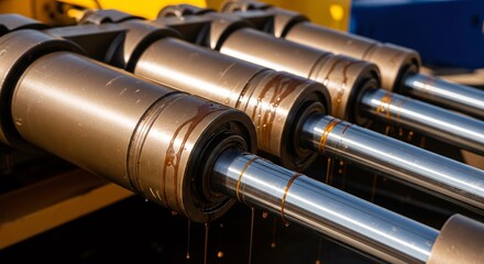 Hydraulic cylinders showing signs of leaking oil in machinery, day
