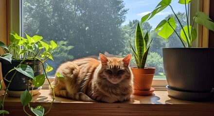 Orange cat relaxing on a windowsill surrounded by houseplants in the bright afternoon sunlight