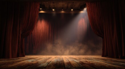 Dramatic theatrical stage lighting with bright spotlight beams cutting through smoke ideal for cinematic presentations performing arts visuals and professional production backgrounds