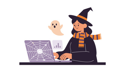 Witch works on a spooky Halloween project with a friendly ghost and spiderweb laptop
