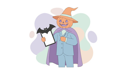 Halloween pumpkin character in suit and cape with clipboard and pen for seasonal business tasks
