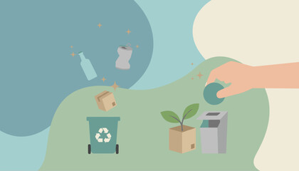 Ecofriendly illustration hand recycles waste into bins for a greener sustainable future