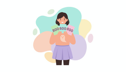 Happy girl holds BOO signs showcasing playful Halloween spirit and festive autumn mood