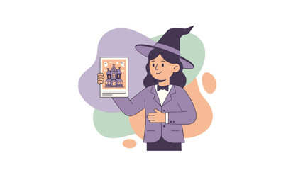 Smiling woman in witch hat holds a Halloween haunted house flyer Perfect for seasonal events  promotions