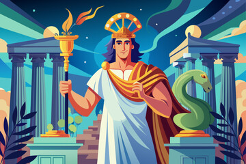 Obraz premium vector of An ancient Greek healer holding a scepter entwined with a snake in a classical setting conveys the wisdom and healing practices of antiquity.