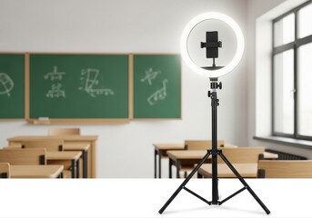 Ring light setup in empty classroom ready for online learning or live streaming