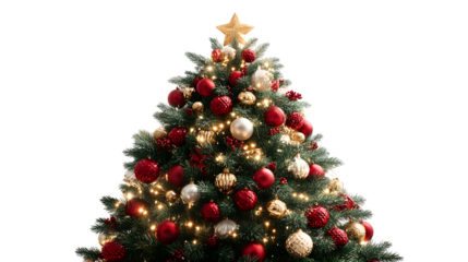 Classic decorated Christmas tree with glowing lights and festive wrapped gifts on the floor isolated on white background