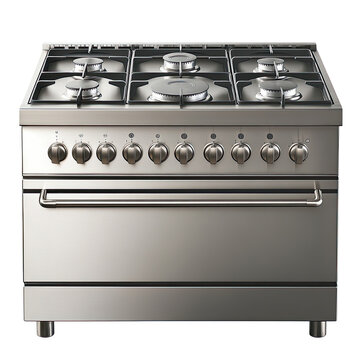 Steel oven range six burners, nine knobs, handle, dark background