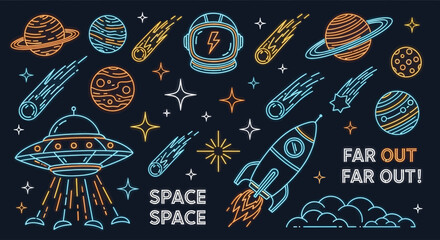 Far out space adventure illustration set with neon doodle icons of a rocket ship, UFO, planets, and astronaut helmet © John