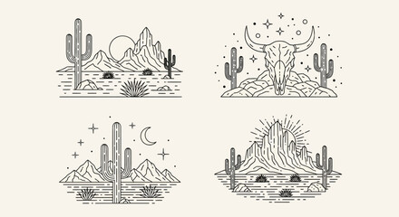 Set of four minimalist Western desert scenes in a linear style, perfect for boho logos or tattoo designs