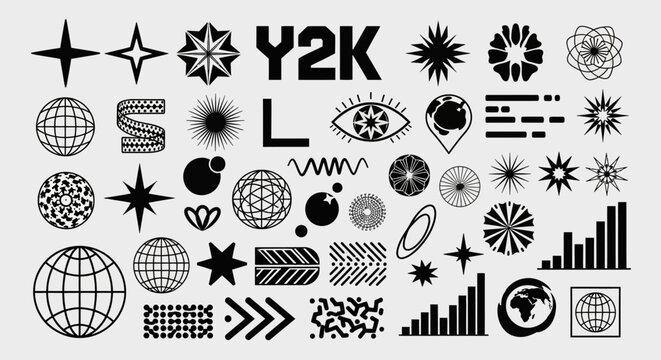 A comprehensive collection of monochrome Y2K aesthetic design elements featuring abstract brutalist shapes, stars, and globes for retro-futuristic projects