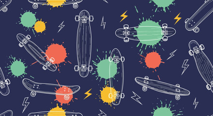 Energetic seamless pattern of hand-drawn skateboards with colorful paint splatters and lightning bolts. Youthful retro vector background © John