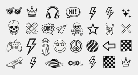 A set of hand-drawn doodle patch stickers inspired by the cool johny 98 era. Retro icons include skulls, lightning bolts, and skateboards © John