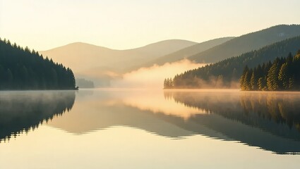 Fototapeta premium Serene lake reflecting mountains and trees at sunrise.