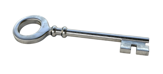 Gleaming silver key with circular top and cut notches, lying horizontally