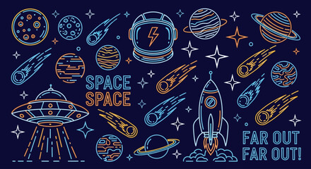 A vibrant collection of cosmic exploration graphic elements in a neon outline style. Vector set of space objects like planets and rockets for design © John