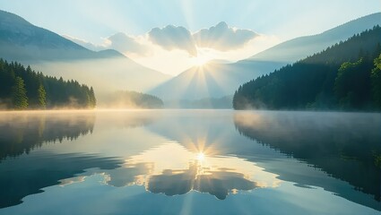 Serene Lake Sunrise - A Misty Reflection of Mountain Majesty.