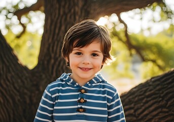 Smiling Child in Striped Hoodie Standing by Tree — Warm Outdoor Portrait with Natural Light and Forest Background