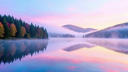 Serene Misty Lake at Sunrise with Autumn Forest Reflection.