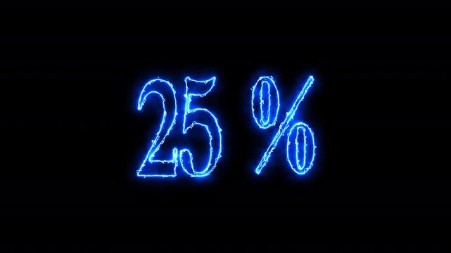 Twenty five percent symbol glowing with a neon blue effect. A saber animation perfect for illustrations, advertisements, and marketing materials. 4k, QuickTime, RGB, Apple Prores