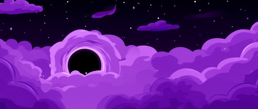 Illustration of a black hole amidst purple clouds under a starry night sky