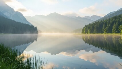 Serene Mountain Lake Reflection at Sunrise.