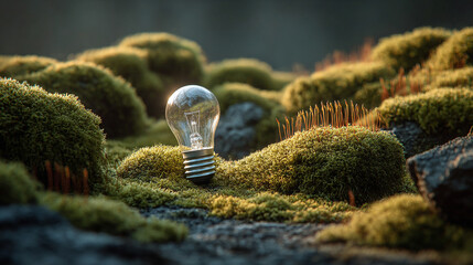 Moss-covered lightbulb representing sustainable innovation, eco-friendly ideas, green technology, and environmentally conscious solutions in a visually striking concept.