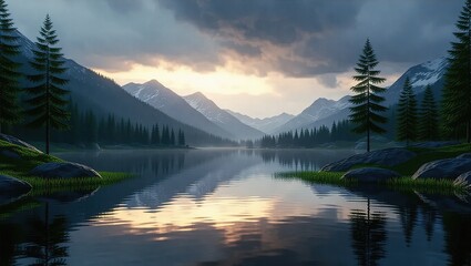 Serene Mountain Lake Landscape Reflecting Cloudy Sky.