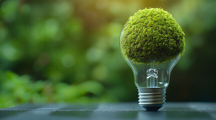 Moss-covered lightbulb representing sustainable innovation, eco-friendly ideas, green technology, and environmentally conscious solutions in a visually striking concept.