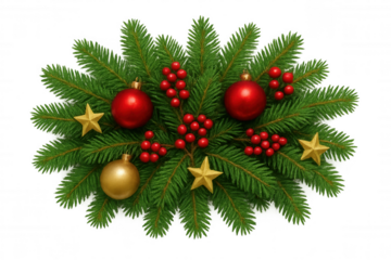 Evergreen fir branch decorated with red ornaments, golden stars, and berries, illustrating festive christmas holiday and winter concepts