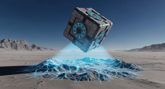 Futuristic technological cube hovers over alien landscape beaming azure energy pattern