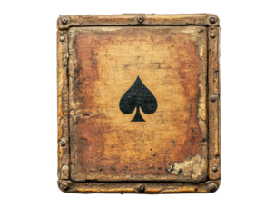 Weathered wood box with metal trim and spade symbol