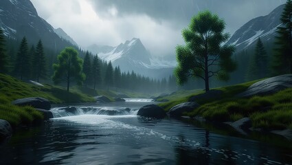 Serene Mountain River Flowing Through a Lush Forest Valley.