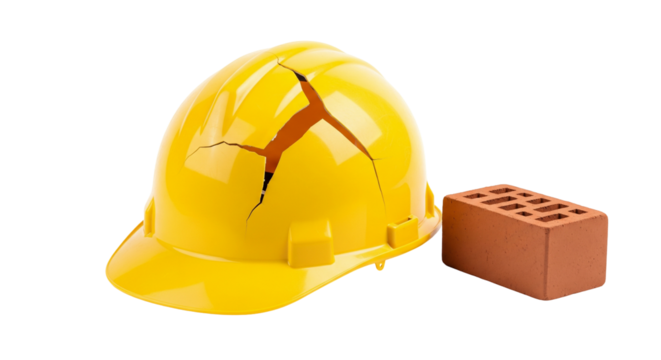 A cracked yellow construction helmet sits beside a brick, emphasizing the importance of safety measures on construction sites. Protecting workers is crucial for preventing injuries. - Powered by Adobe