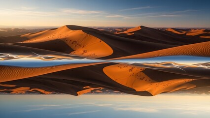 Reflective Dunes A Serene Landscape Mirroring Majestic Desert Sands and Azure Skies at Sunset