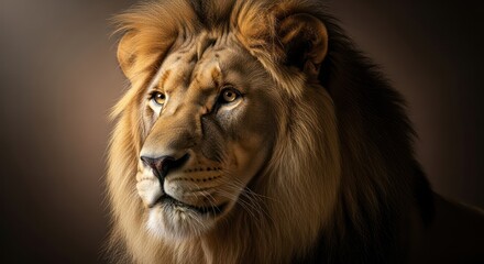 Naklejka premium Majestic feline portrait: Intense gaze of a lion with a lush mane in muted tones