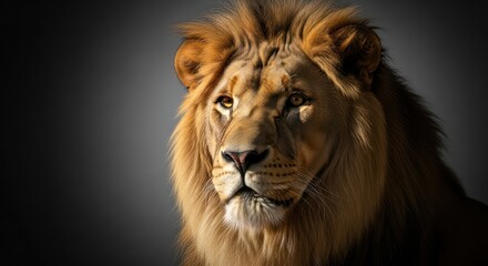 Fototapeta premium Majestic Lion Portrait with Striking Light and Shadow on a Dark Background Design