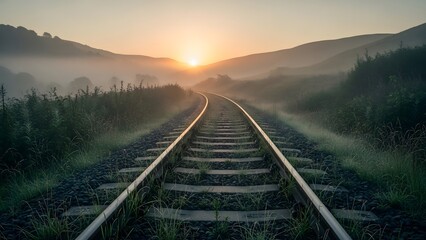 Fototapeta premium Railway Tracks Leading into a Misty Morning Sunrise Over Rolling Hills and Fields