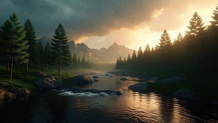 Serene River Landscape at Sunset with Mountains and Forest.
