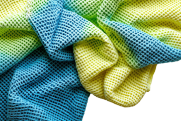 Folded grid-textured fabric in blue, green, yellow, and white hues