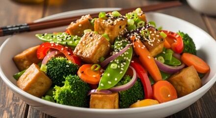 Close up of tofu stir fry with broccoli carrots and snap peas in a white bowl on a wooden table