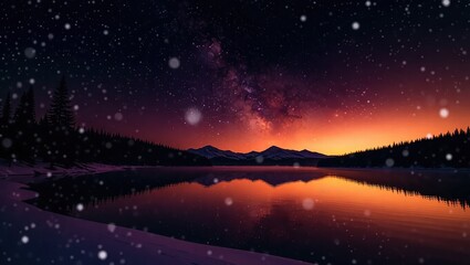 Serene Winter Night Sky Over Calm Lake.