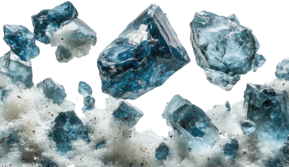Blue crystalline mineral clusters on white matrix, dark background