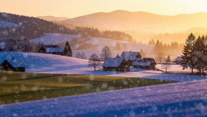 Serene Winter Village Scene at Golden Hour Sunset.
