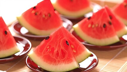 Slices of fresh ripe watermelon on small plates.