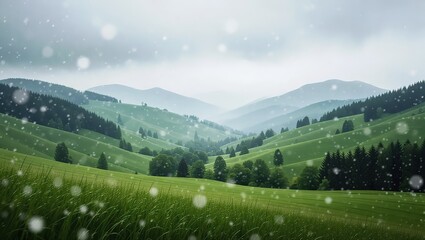 Snow falling over lush green mountain valleys.