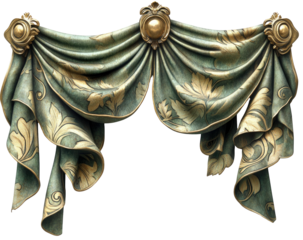 Draped, decorative, teal & gold fabric swag with rosettes