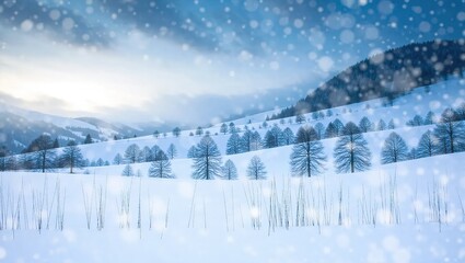 Snowy Winter Landscape with Trees and Mountains.